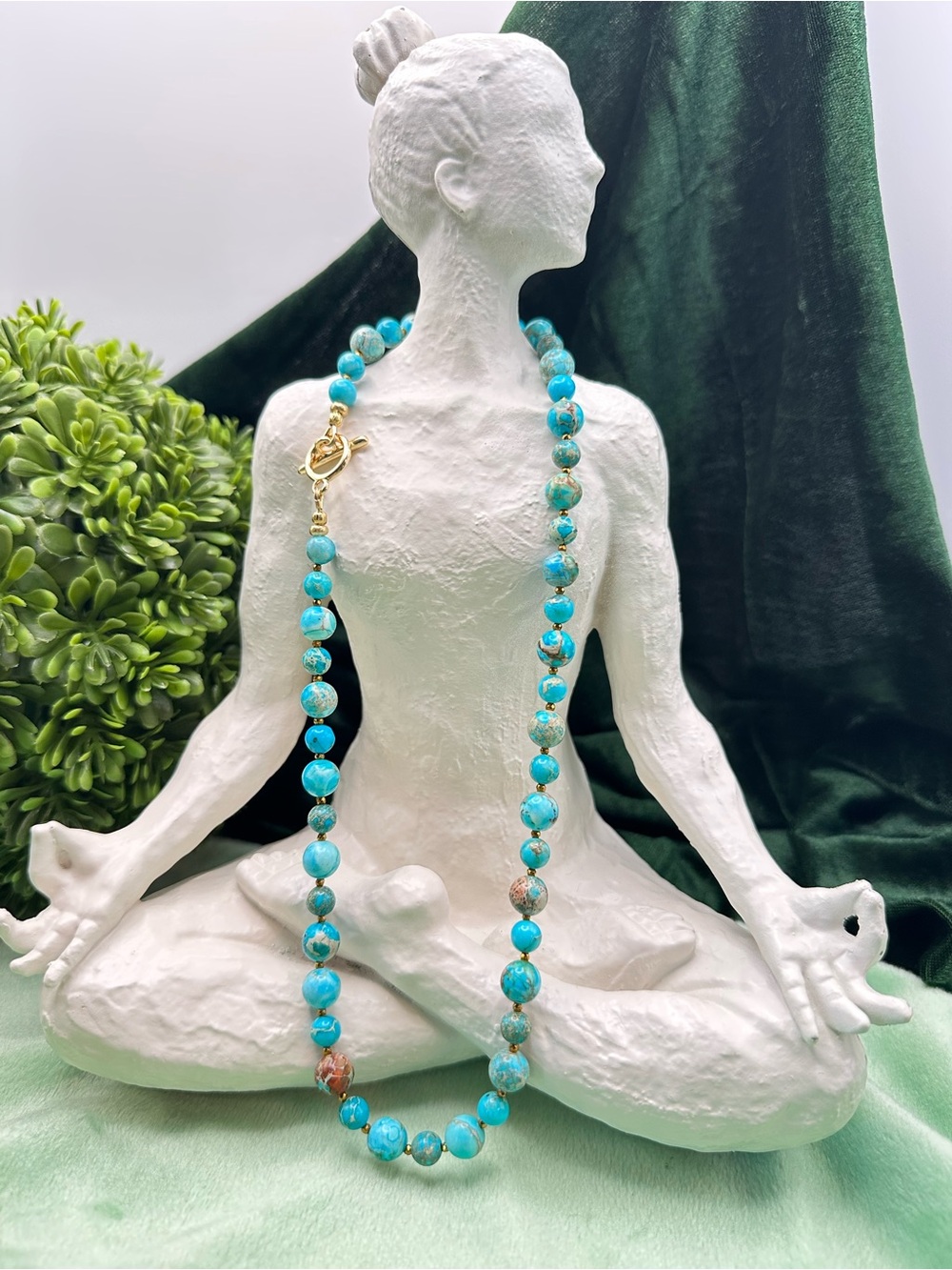 Turquoise Blue Jasper Beaded Necklace with Gold Toggle Clasp